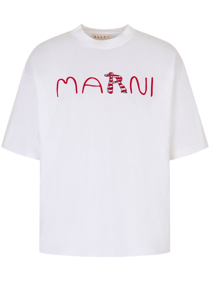 Marni Boxy Cropped White T-Shirt With Playful Graphic Design