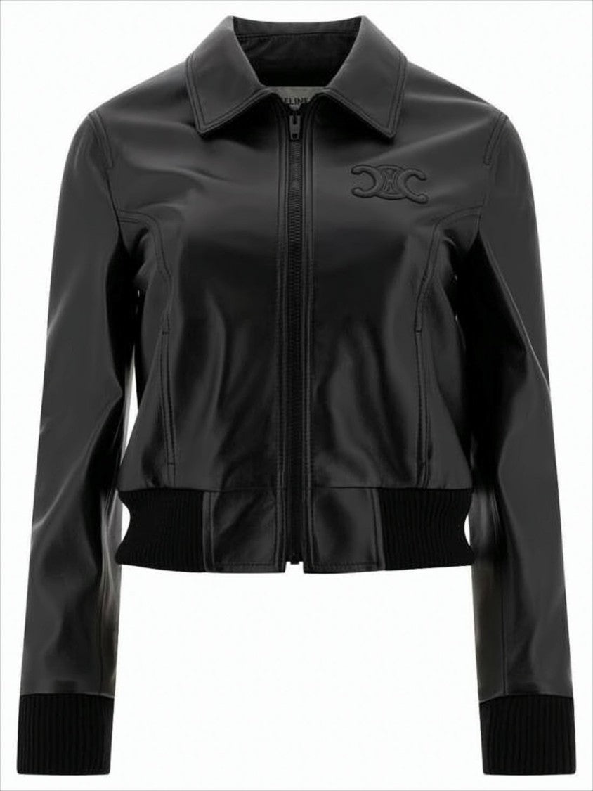 Celine Cropped Lamb Leather Jacket With Classic Collar And Fitted Design
