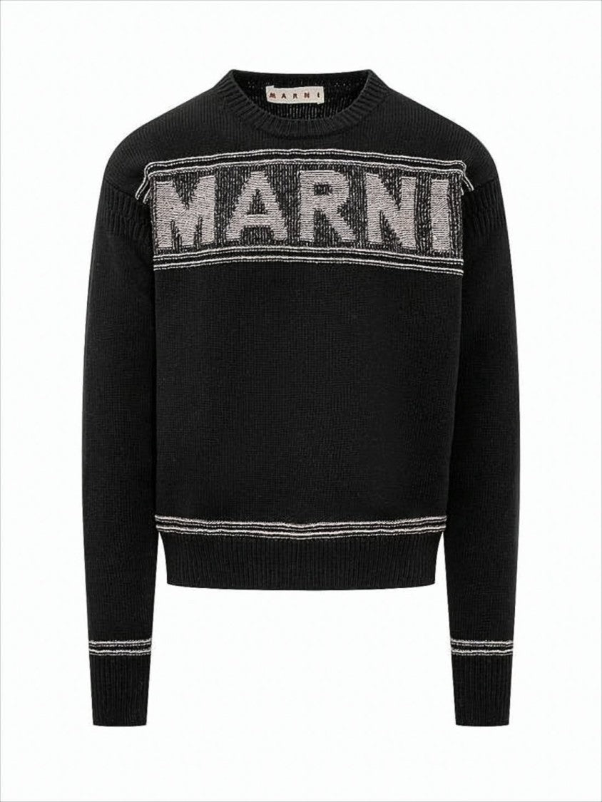 Marni Crew Neck Sweater With Bold Logo And Contrasting Stripes