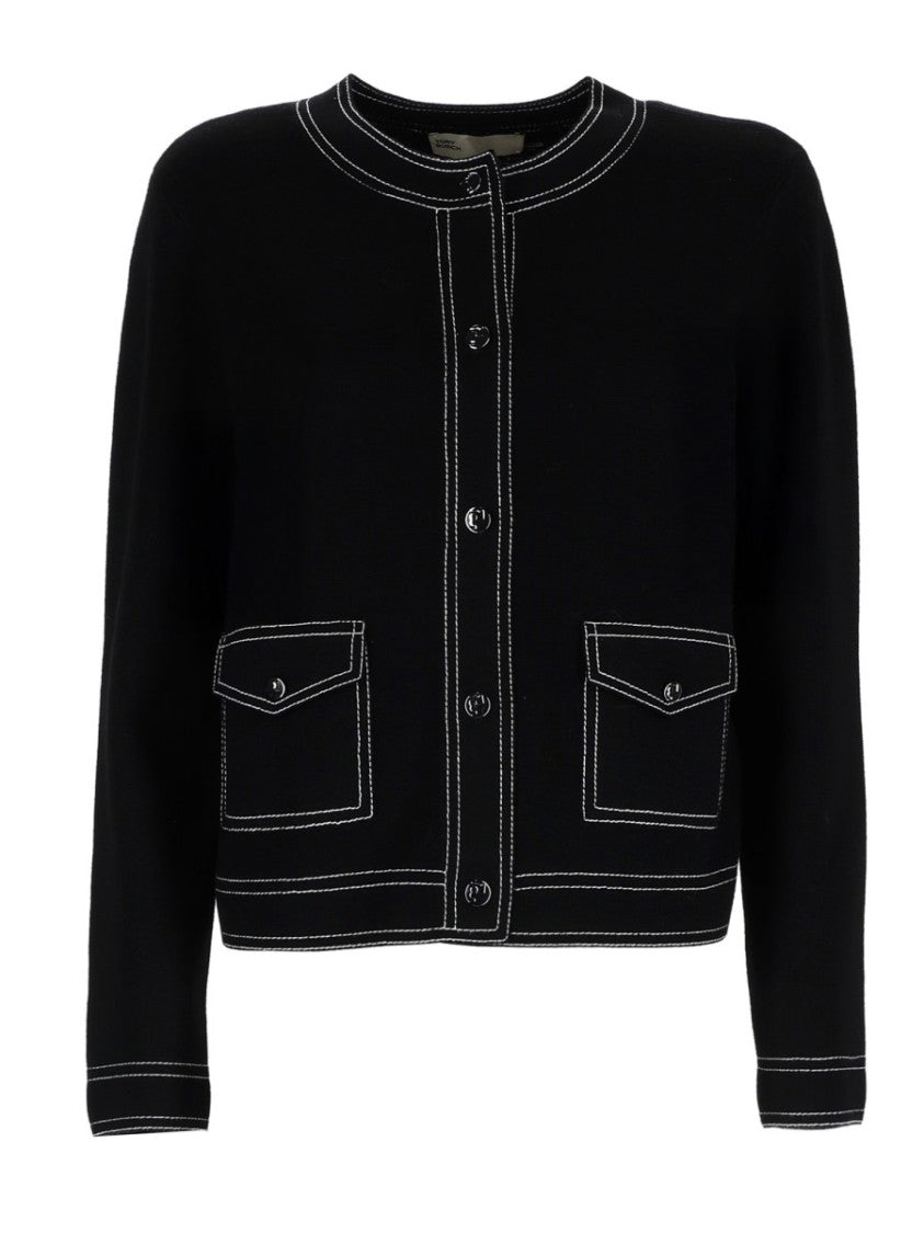 Tory Burch Cropped Prominent Topstitching Multi-Pocket Wool Cardigan