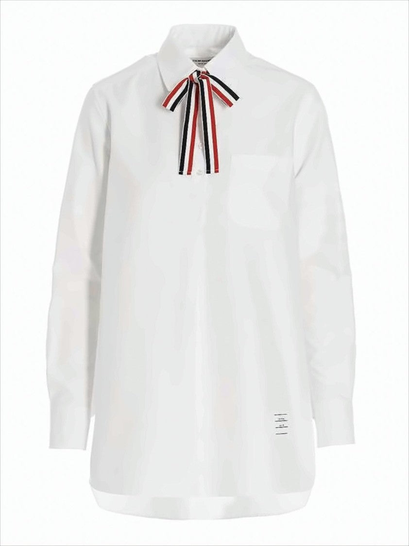 Thom Browne Crisp White Cotton Blouse With Striped Ribbon Bow