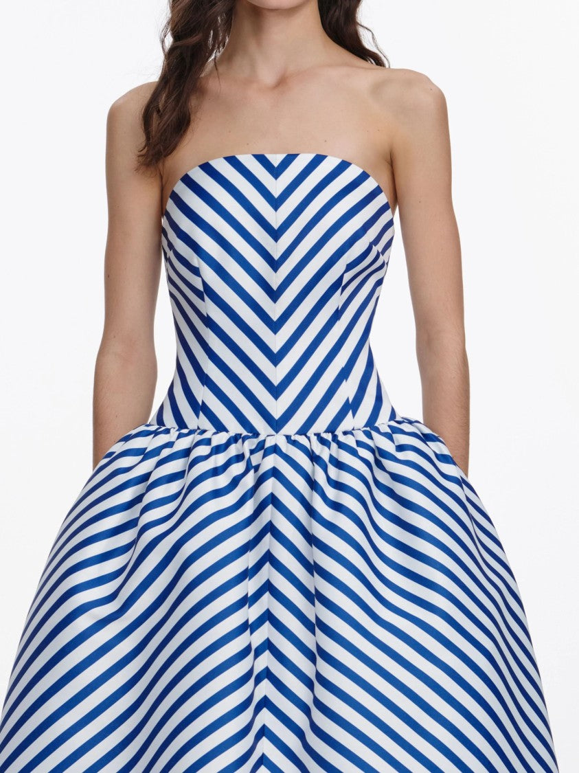 Self-Portrait Chevron-Pattern Midi Dress In Blue Taffeta