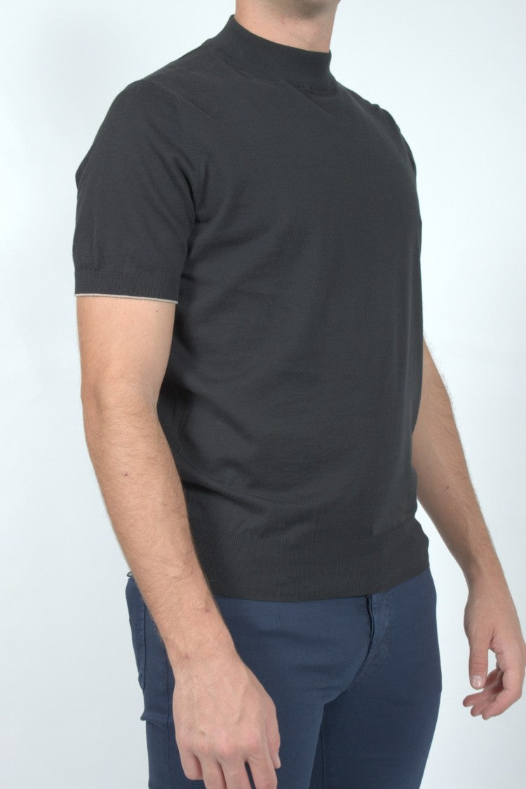 Brunello Cucinelli Charcoal Mock-Neck Short-Sleeve Cotton T-Shirt