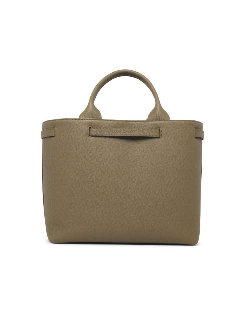 Longchamp Structured Olive Leather Shopping Bag With Adjustable Strap And Bamboo Buckle