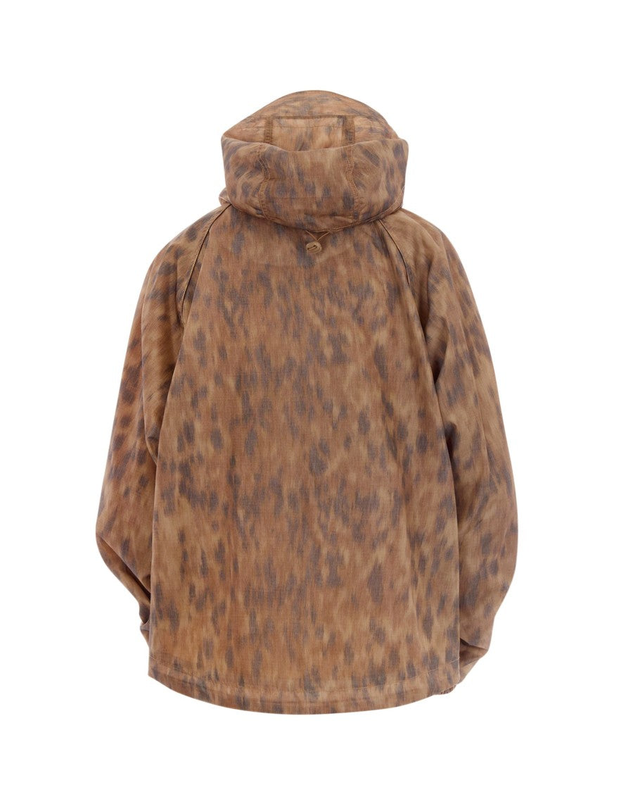 Ganni Mottled Brown Lightweight Jacket With Drawstring Hem And Logo Patch