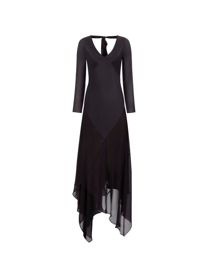 Nina Ricci Asymmetrical Black Midi Dress With Sheer Sleeves And Keyhole Detail