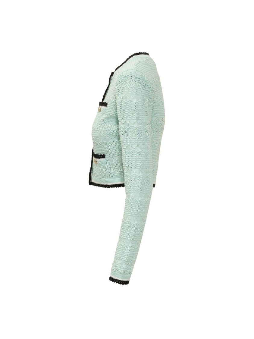 Self-Portrait Green Openwork Cropped Knit Cardigan