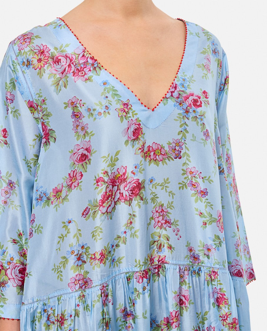 Pero Light Blue Checkered Floral Maxi Dress
