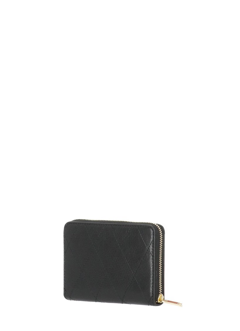 Tory Burch Black Quilted Leather Zip-Around Gold Logo Wallet