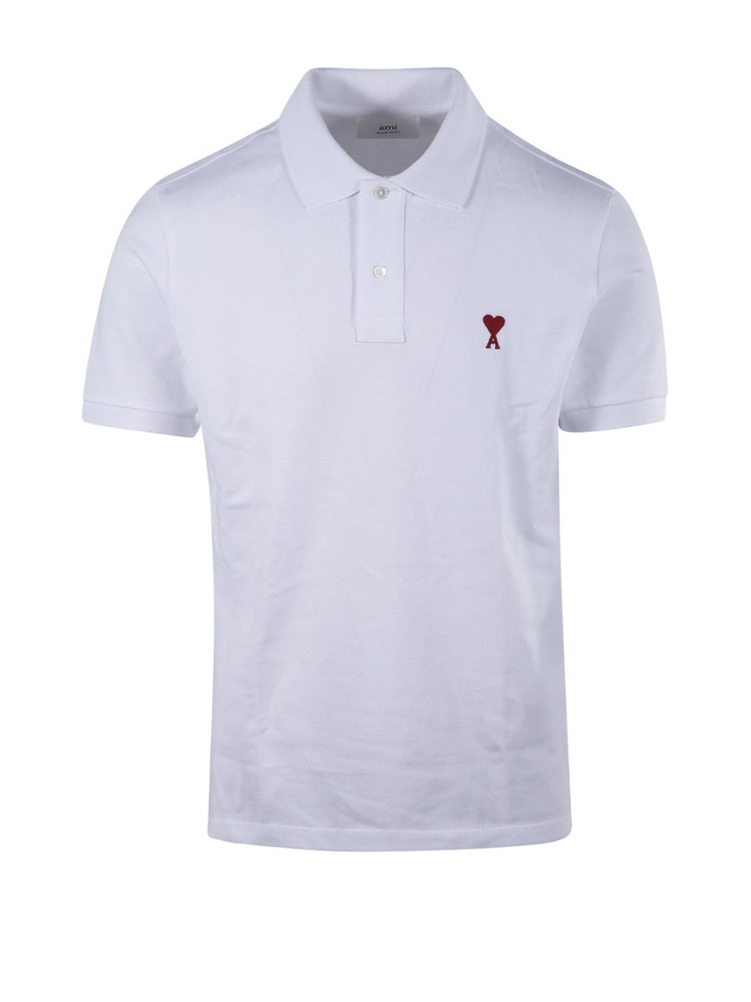 Ami White Cotton Polo Shirt With Embroidered Heart Logo