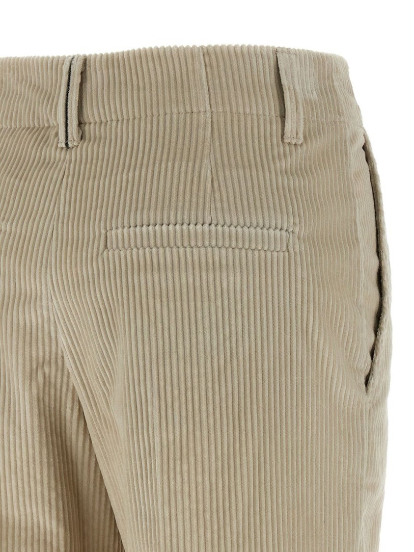 Brunello Cucinelli Beige Corduroy Trousers With Front Zip And Hook Button Closure