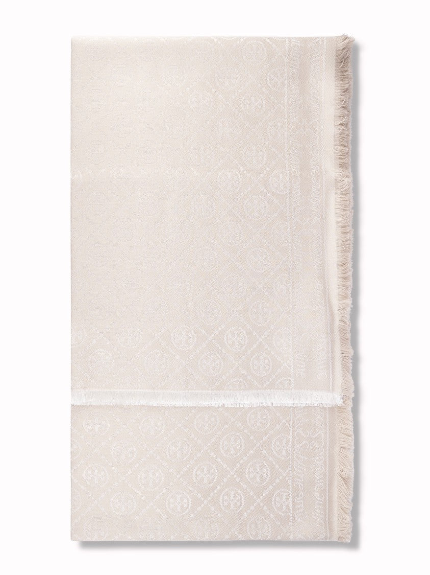 Tory Burch T Monogram Jacquard Oblong Scarf With Fringed Edges