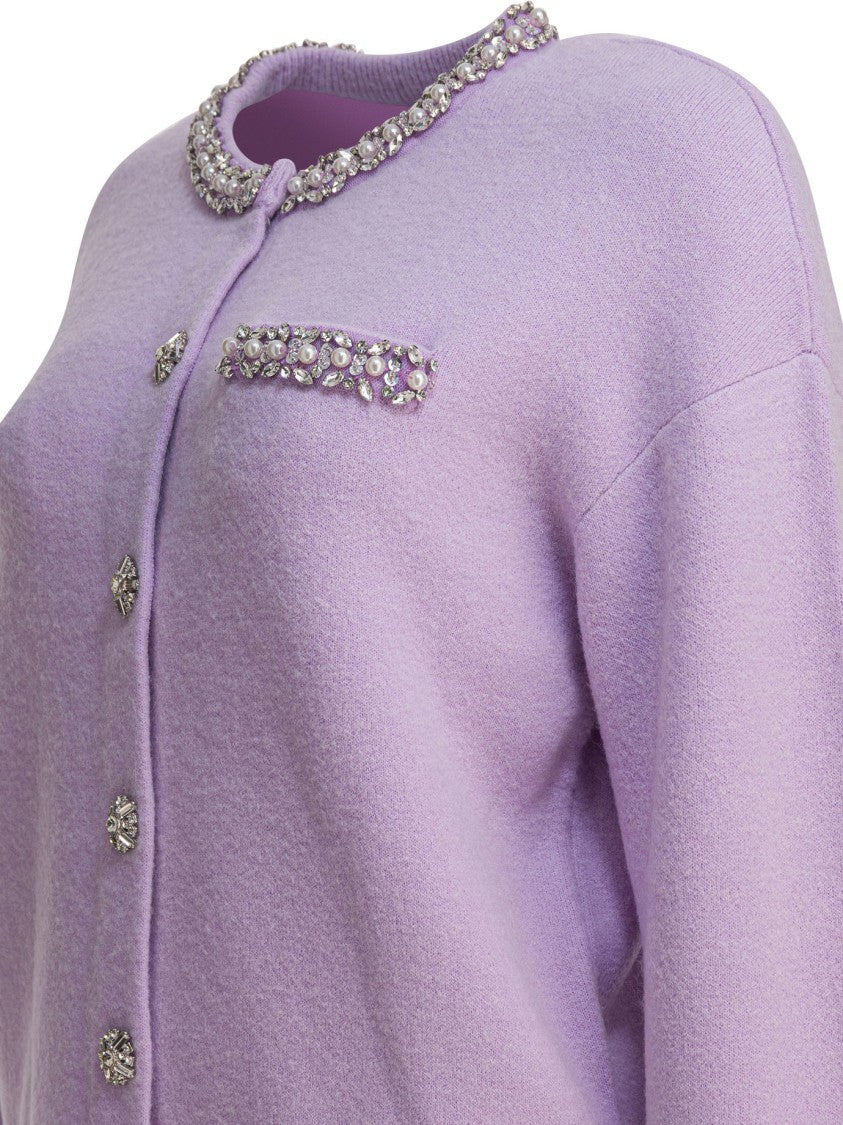 Self-Portrait Lilac Crystal-Trim Cardigan With Round Neckline