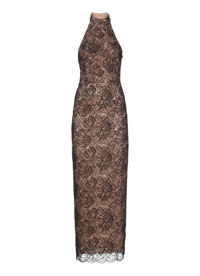 Rotate Intricate Black Lace Long Dress With Halter Neckline