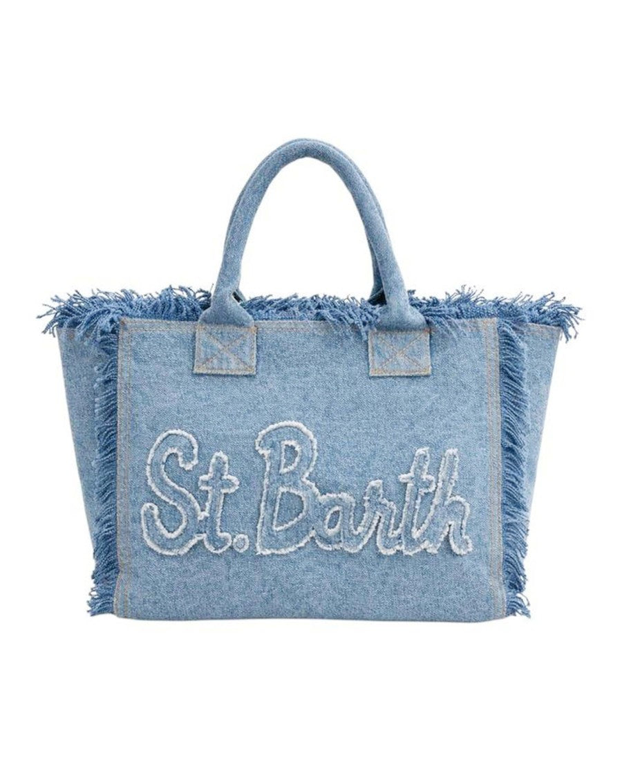 Mc2 Saint Barth Light Denim Canvas Shopping Bag With Fringed Edges