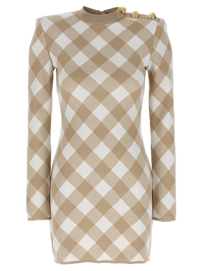 Balmain Vichy Macro Print Mini Dress With Structured Shoulders