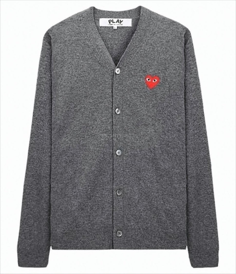 Comme Des Garçons Heathered Grey V-Neck Cardigan With Iconic Heart Emblem
