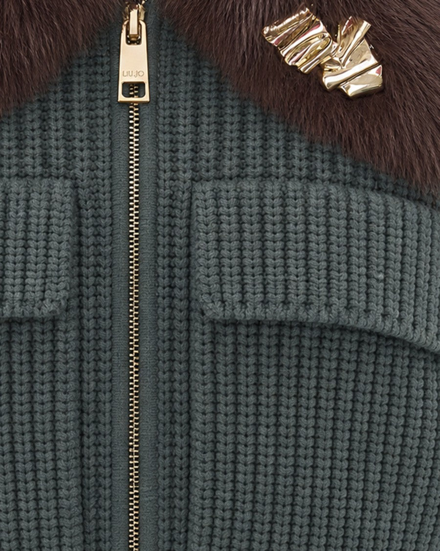 Liu Jo Cropped Dark Green Chunky Knit Bomber Jacket