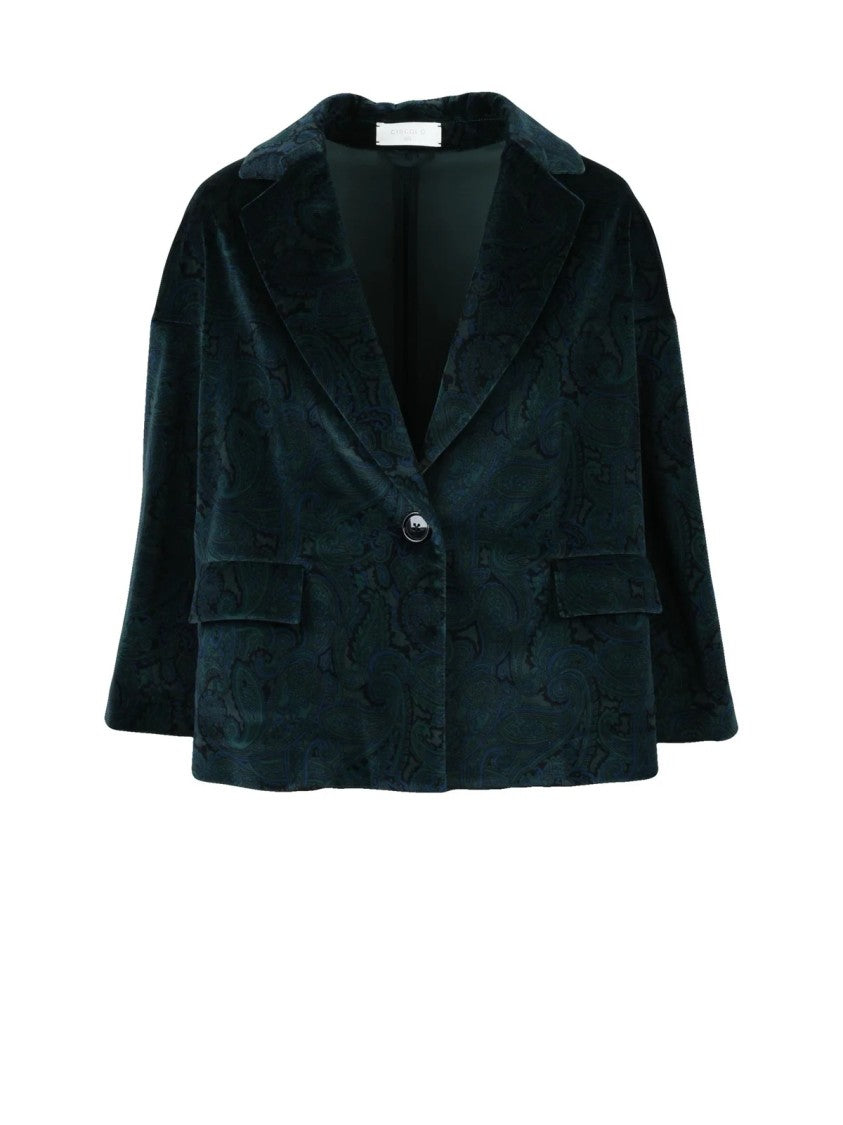Circolo 1901 Bottle Green Velvet Jacket With Paisley Pattern And Cropped Silhouette