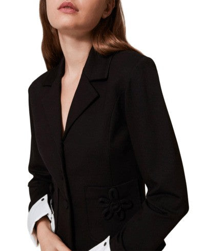Twinset Actitude Floral Pin-Detail Black Blazer With Removable Cuffs