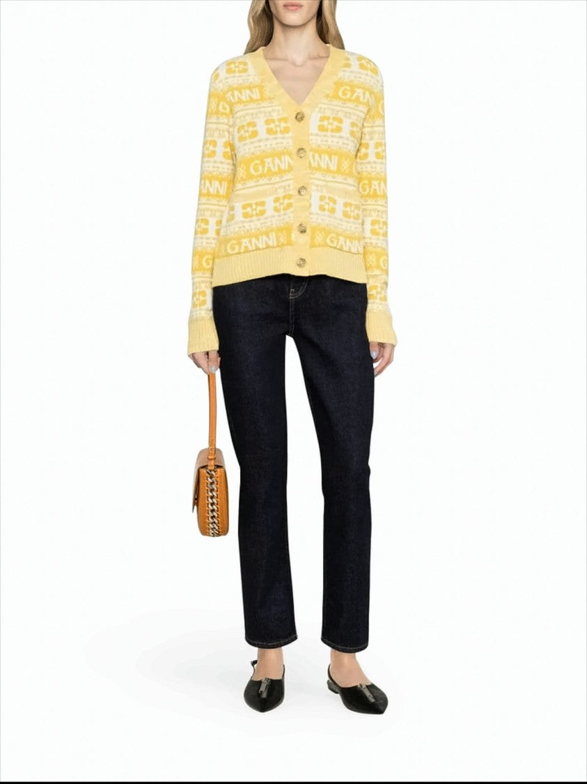 Ganni Cropped V-Neck Cardigan With Logo Motifs And Geometric Designs