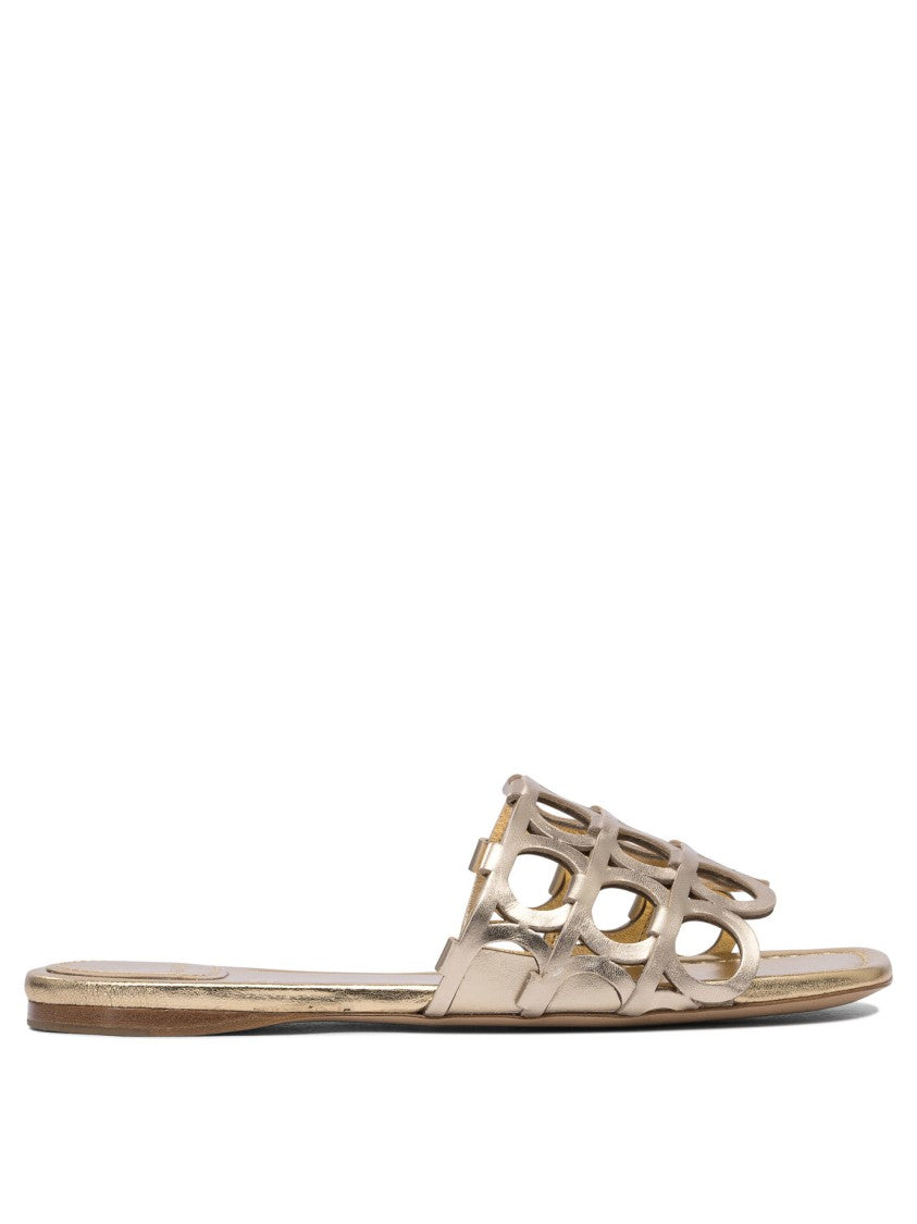 Ferragamo Gold Leather Sandals With Cut-Out Design