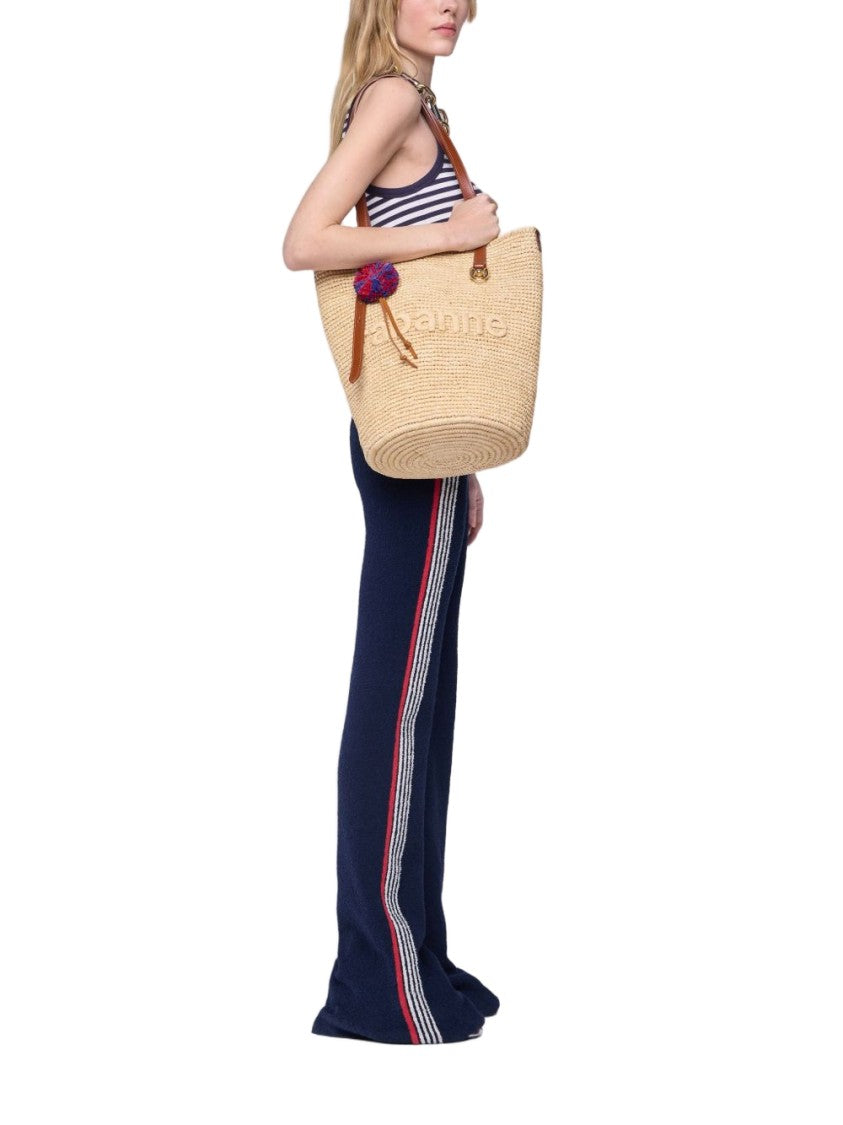 Rabanne Woven Raffia Tote Handbag With Calfskin Accents