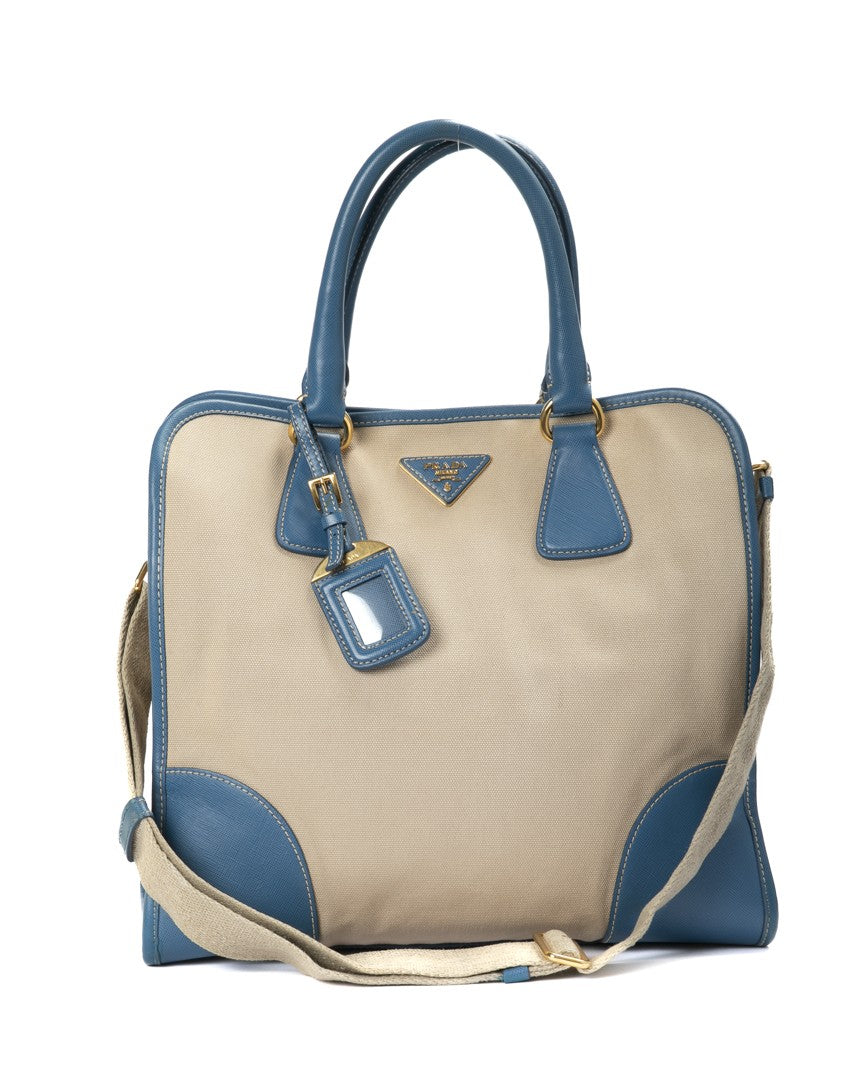 Prada Beige Bicolor Canvas Leather Tote Bag