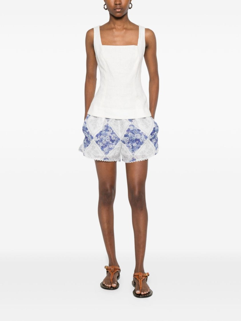 Twin-Set Patchwork Floral Bermudas With Scalloped Lace Hem