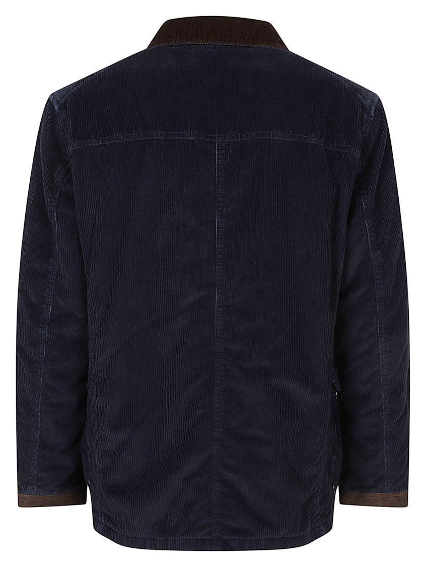Fay Casual Blue Corduroy Jacket With Leather Cuffs And Iconic Hooks