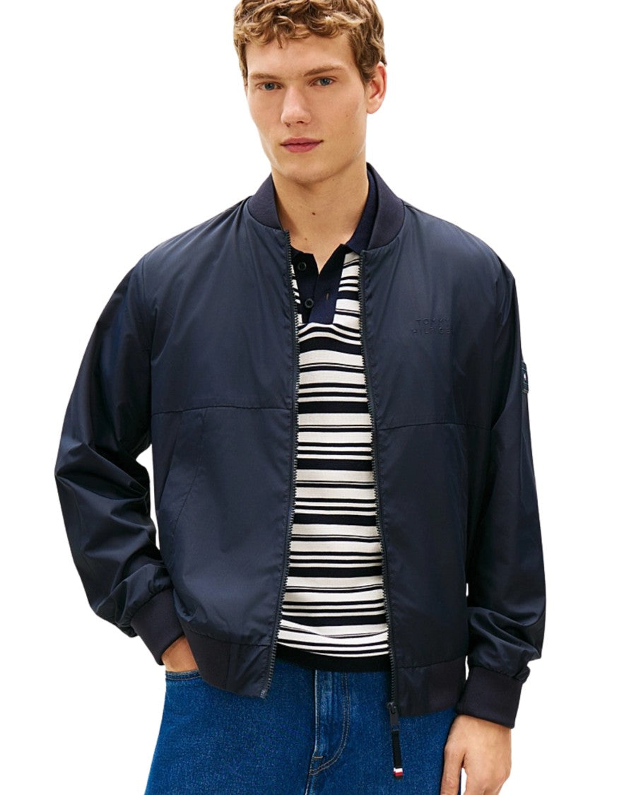 Tommy Hilfiger Water-Resistant Navy Bomber Jacket With Baseball Collar And Storm Flap