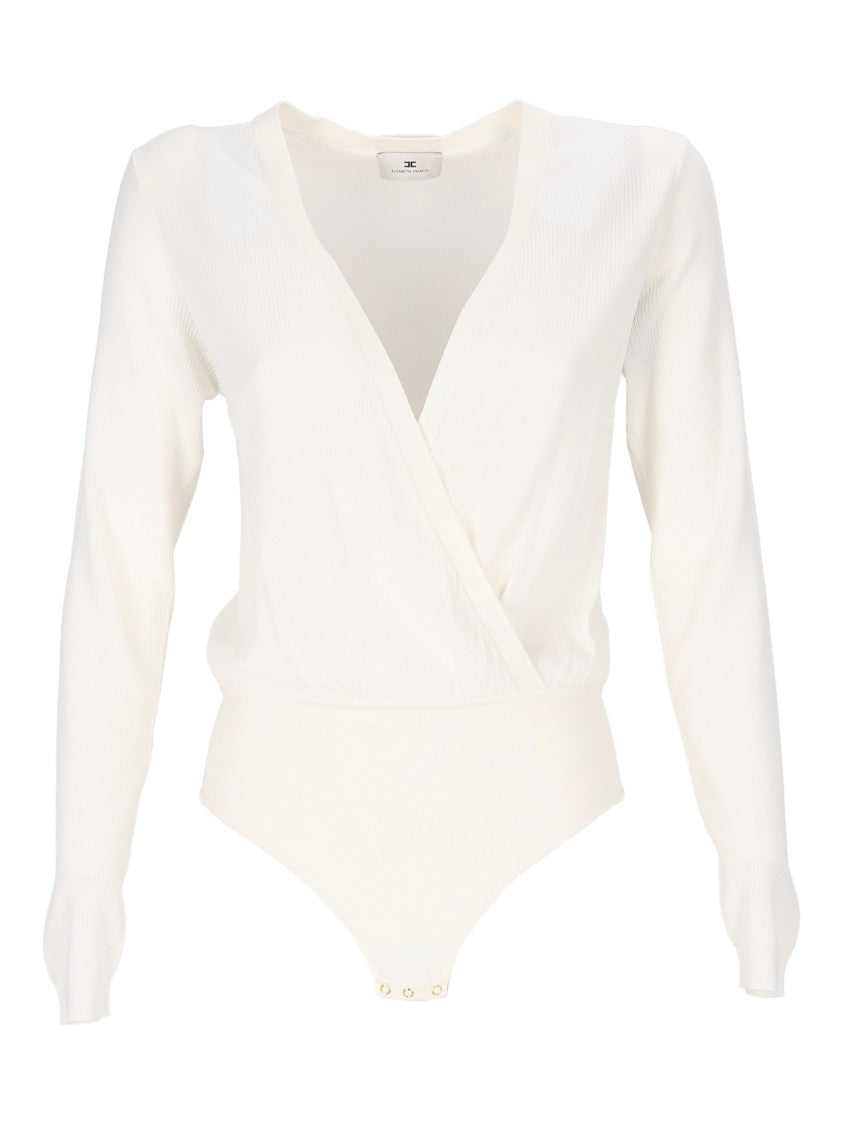 Elisabetta Franchi Long-Sleeved Bodysuit With Deep V-Neckline And Ribbed Texture