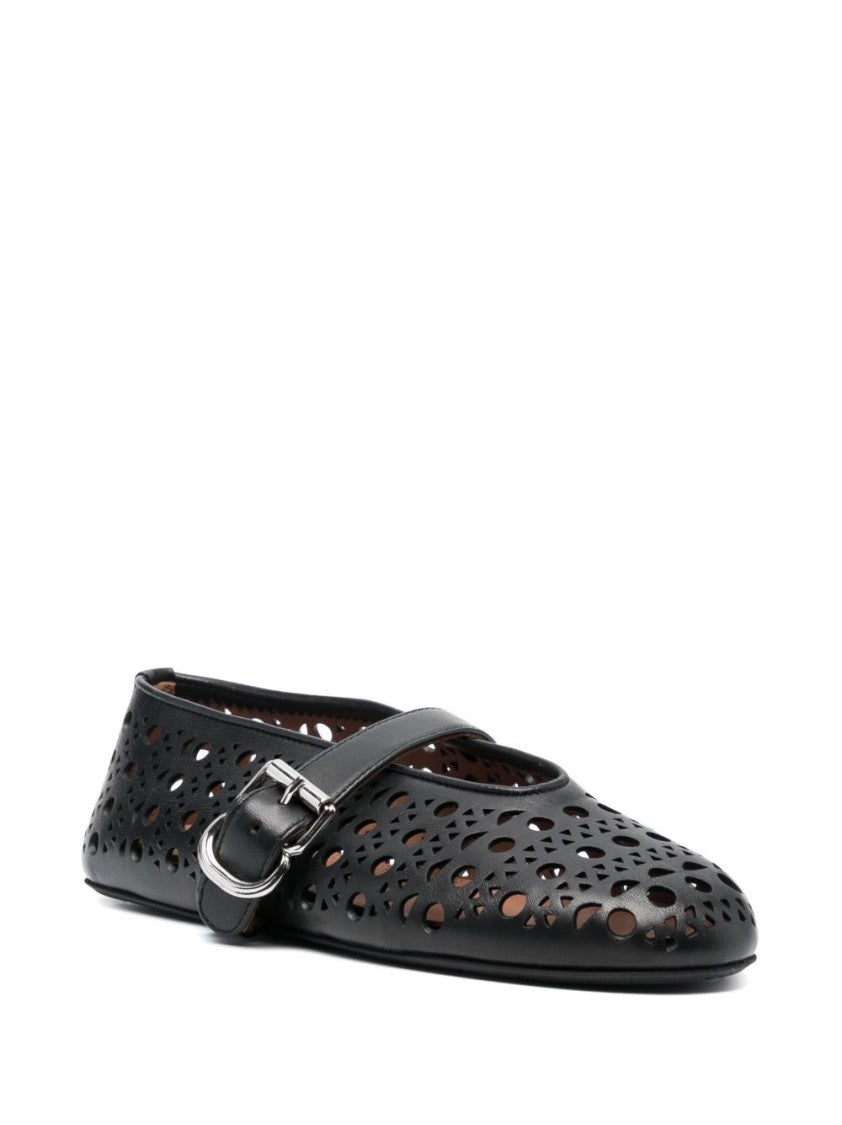 Alaïa Perforated Leather Ballerina Flats With Silver Buckle