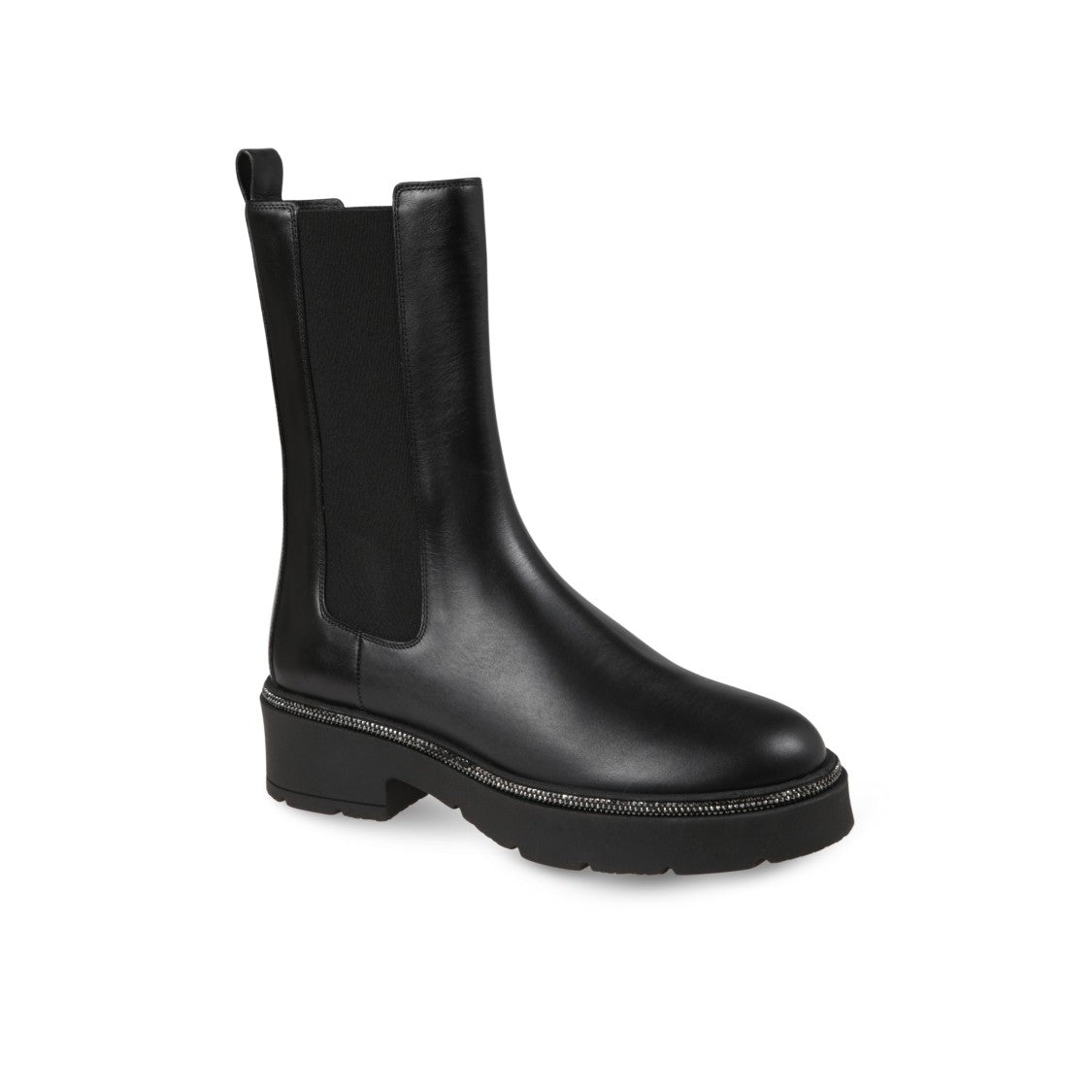 René Caovilla Mid-Calf Black Calf Leather Biker Boots With Lace-Up Detail