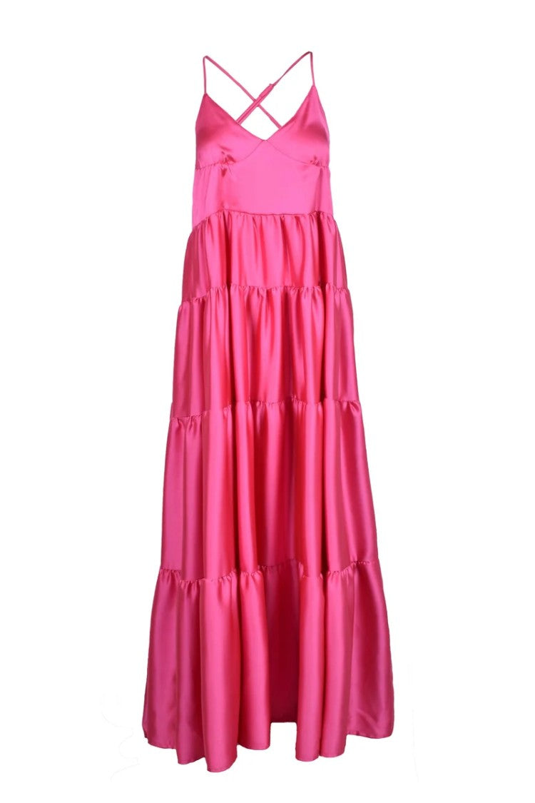 Black Coral Long Satin Dress - Fuchsia