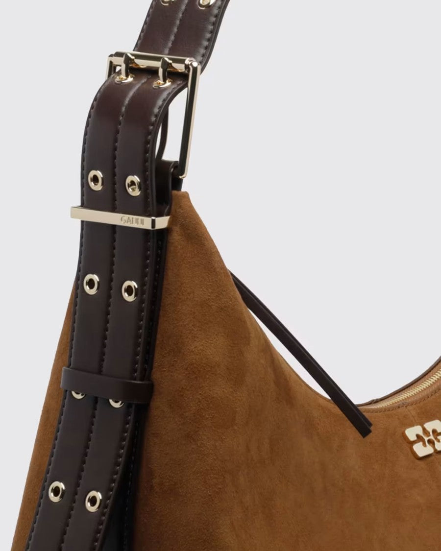 Ganni Medium Hobo Bag In Smooth Suede With Gold Accents