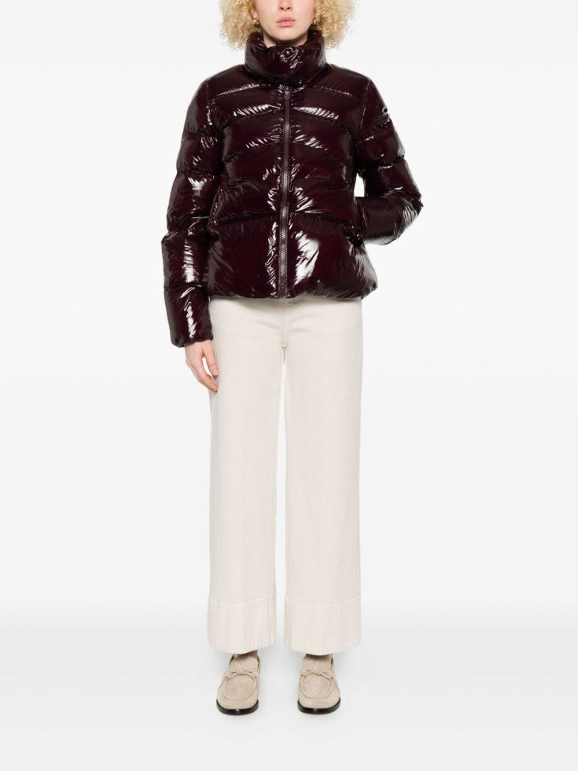 Pinko Cropped High Collar Burgundy Coat With Glossy Finish