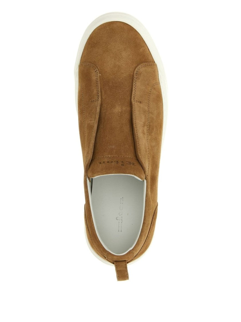 Kiton Cognac Brown Suede Slip-On Loafers With Logo-Debossed Tongue