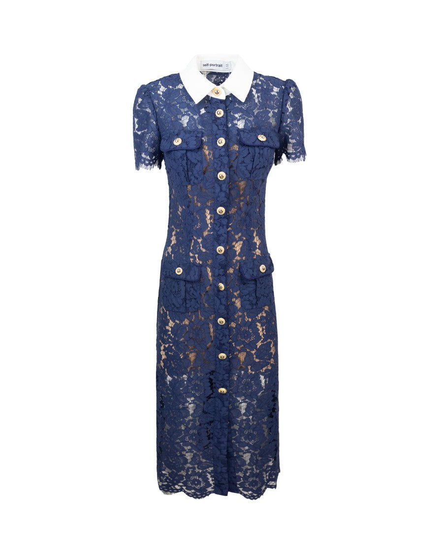 Self-Portrait Navy Lace Midi Dress With Contrast Collar