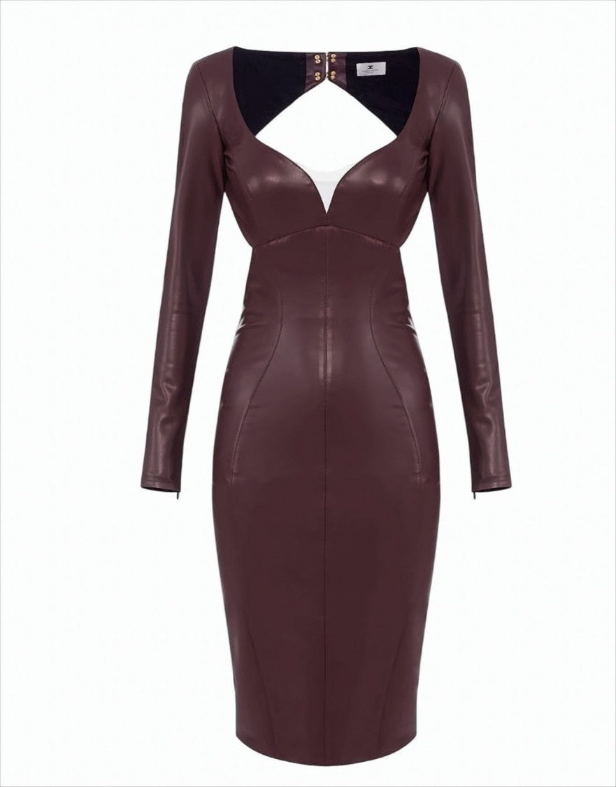 Elisabetta Franchi Burgundy Bodycon Midi Dress With Porthole Detail