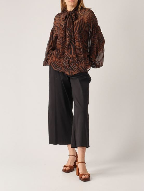 Max Mara Animal Print Canvas Blouse With Lace-Up Collar And Puff Sleeves