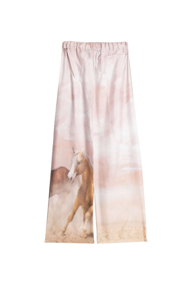 The Attico Wide-Leg Silk Trousers With Artistic Horse Print
