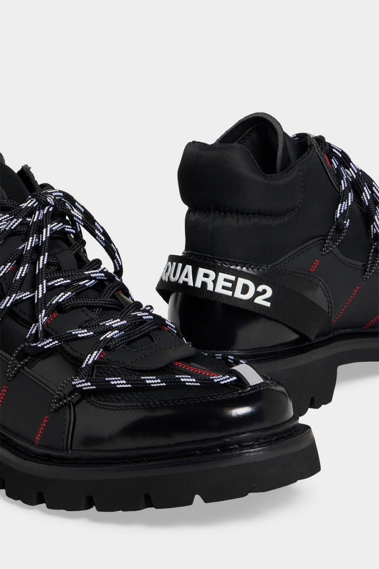 Dsquared2 Black Leather Contrast-Stitch Hiking Boot