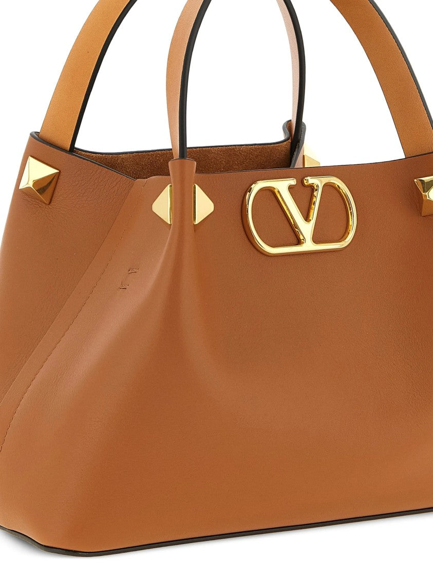 Valentino Structured Tan Leather Tote With Gold-Tone Accents