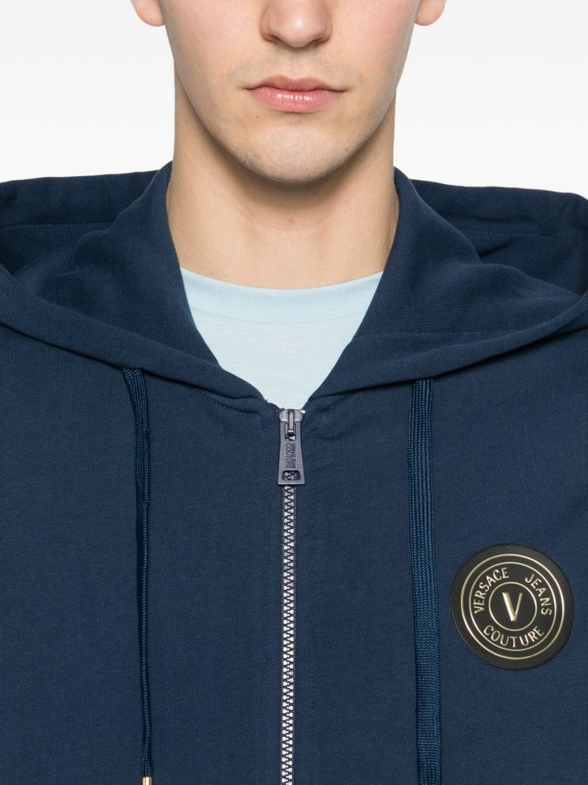 Versace Jeans Couture Navy Blue Zip-Up Hoodie With Gold Emblem