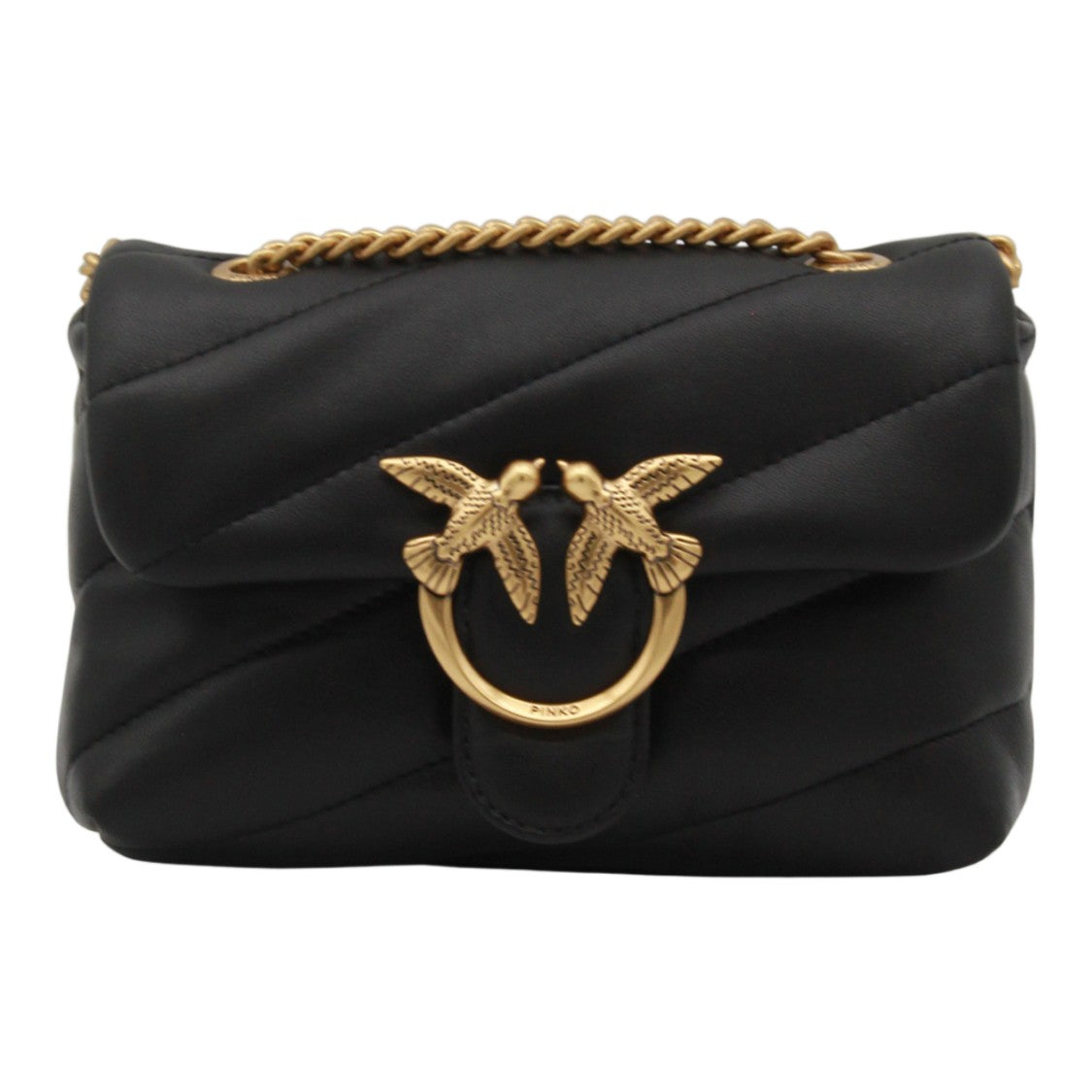 Pinko Quilted Black Bag With Gold-Tone Bird Clasp And Chain Strap