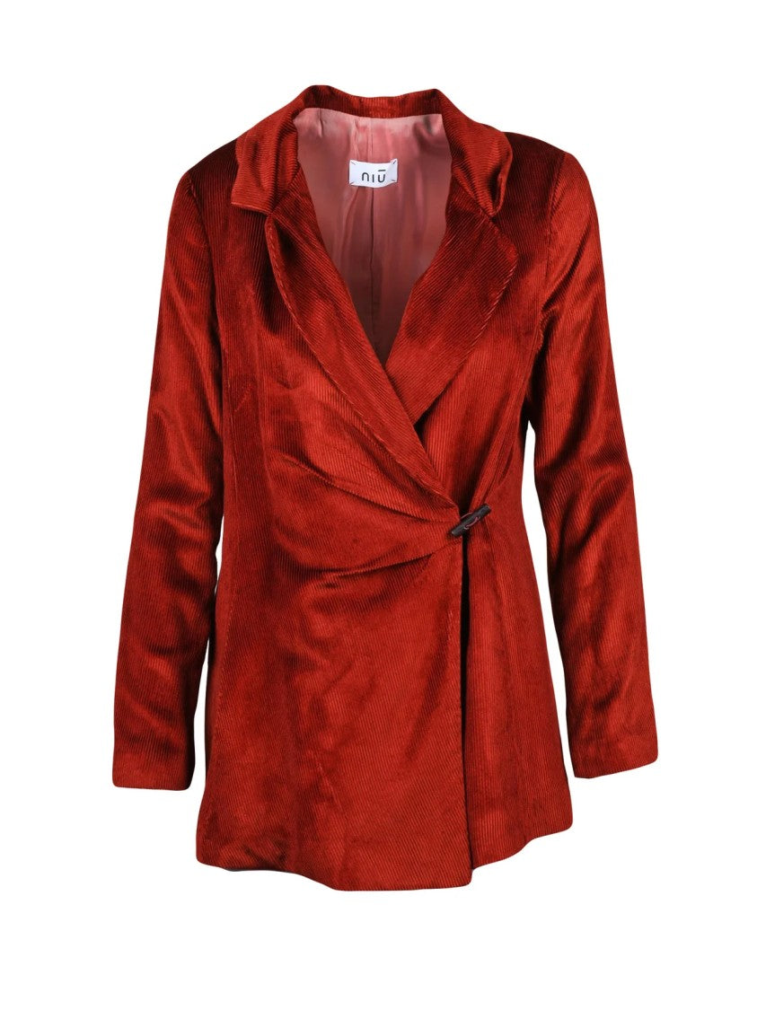 Niu Red Viscose-Blend Ruched Long Velvet Jacket