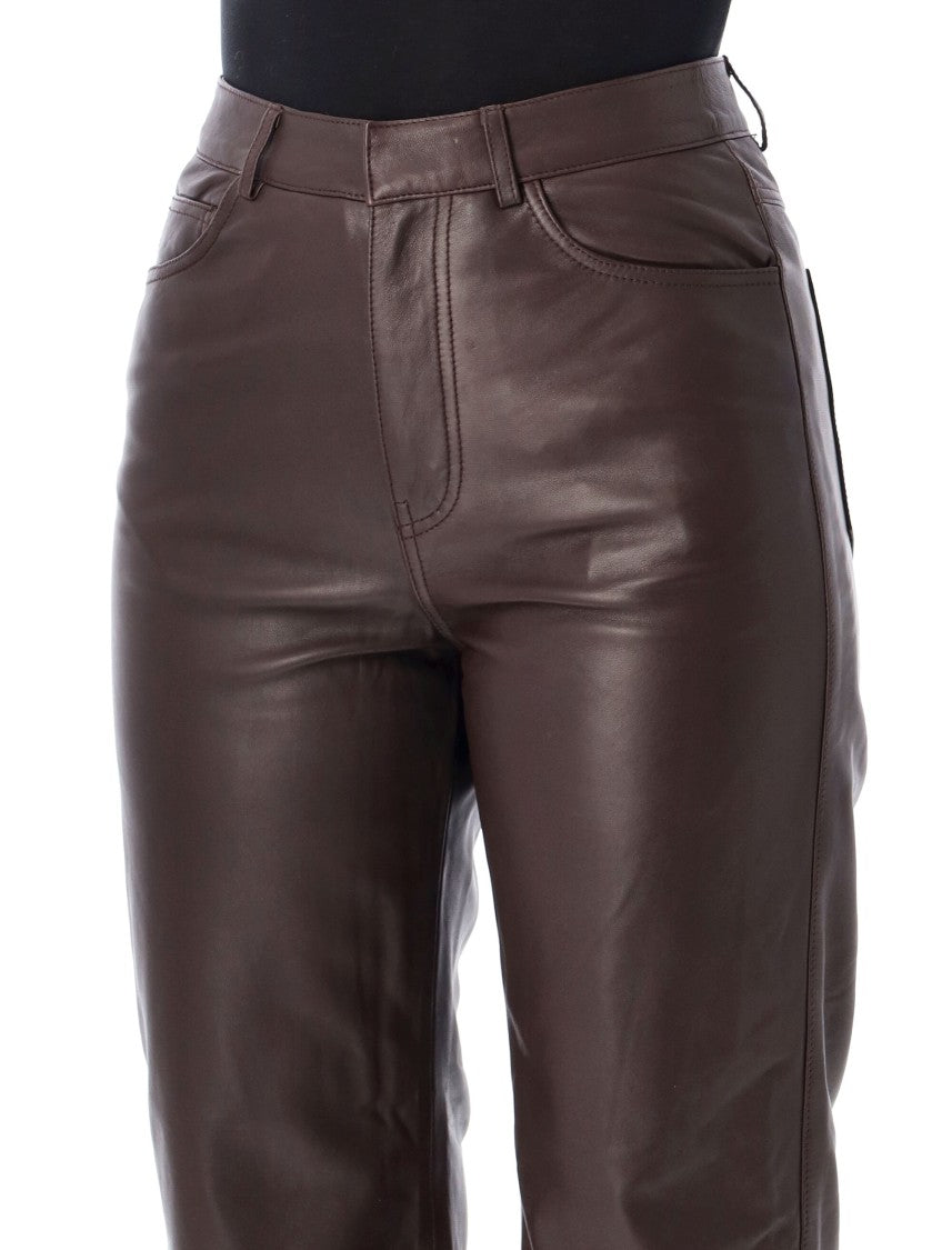 Rotate Brown Leather High-Waisted Straight-Leg Pants
