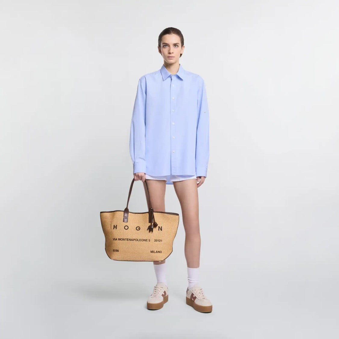 Hogan Beige Address Shopping Media Raffia Shopping Bag