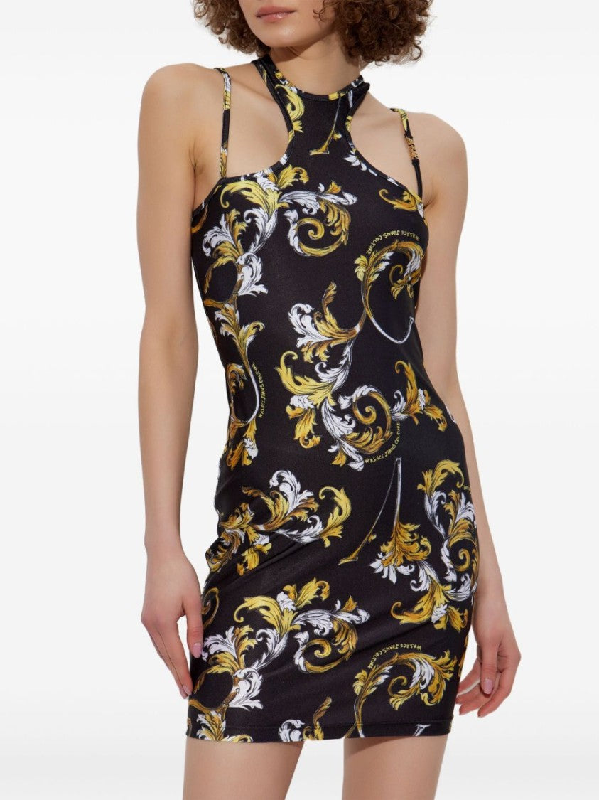 Versace Jeans Couture Form-Fitting Black Dress With Gold Baroque Patterns